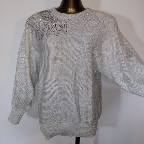 crew-neck silver metalic thread acrylic sweater sequin and beaded vintage 1980s - Picture 1 of 16